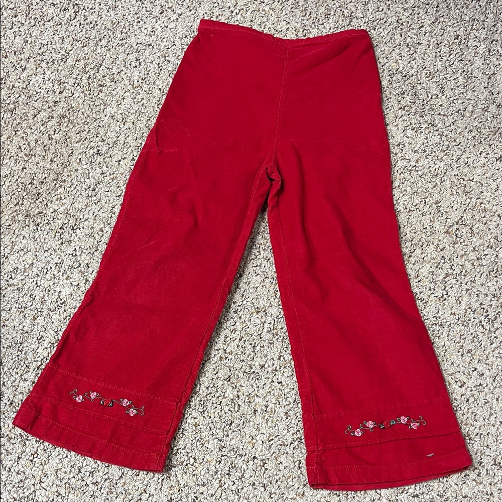 🍀6/$20 Wonderkids Red corduroy style wide leg Pants with floral embroidery